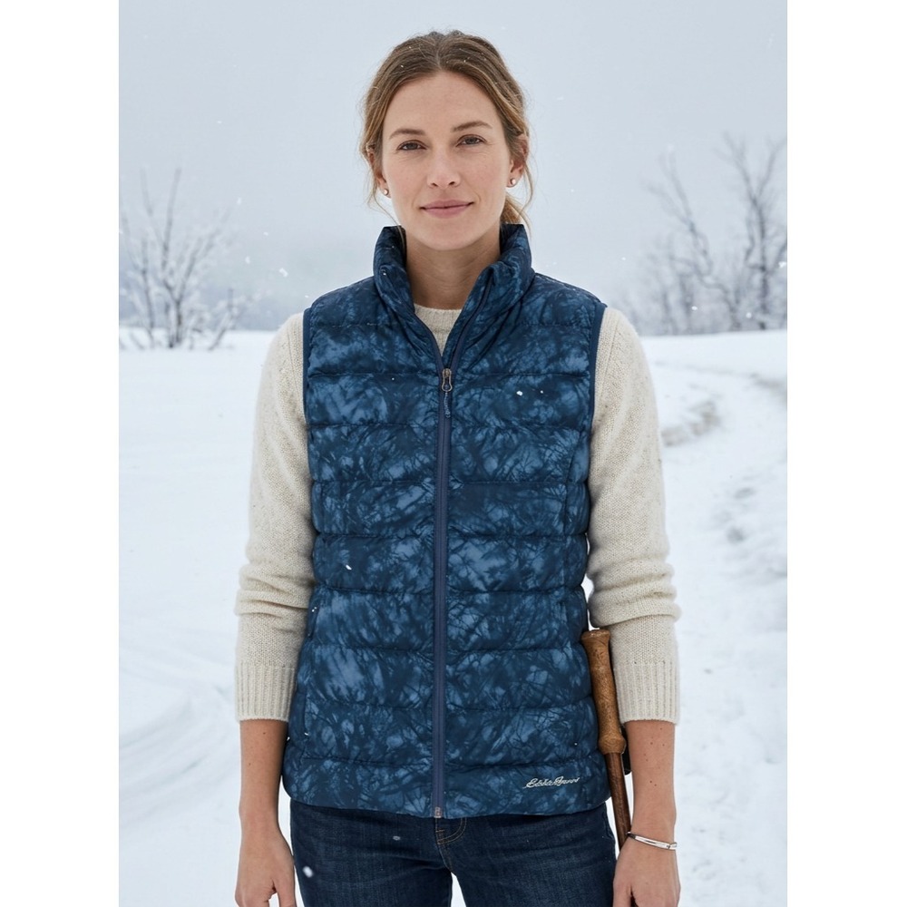 Eddie Bauer Vest Womens L‎ Blue Tie Dye EB650 Down Insulated Puffer Jacket